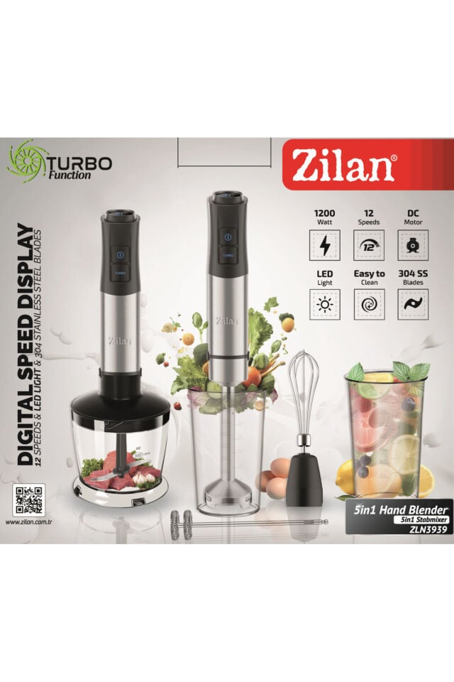 ZLN3939 1200W Blender Seti | 12 Kademe | Turbo | Paslanmaz Çelik |Çırpma | Doğrama | Köpürtme