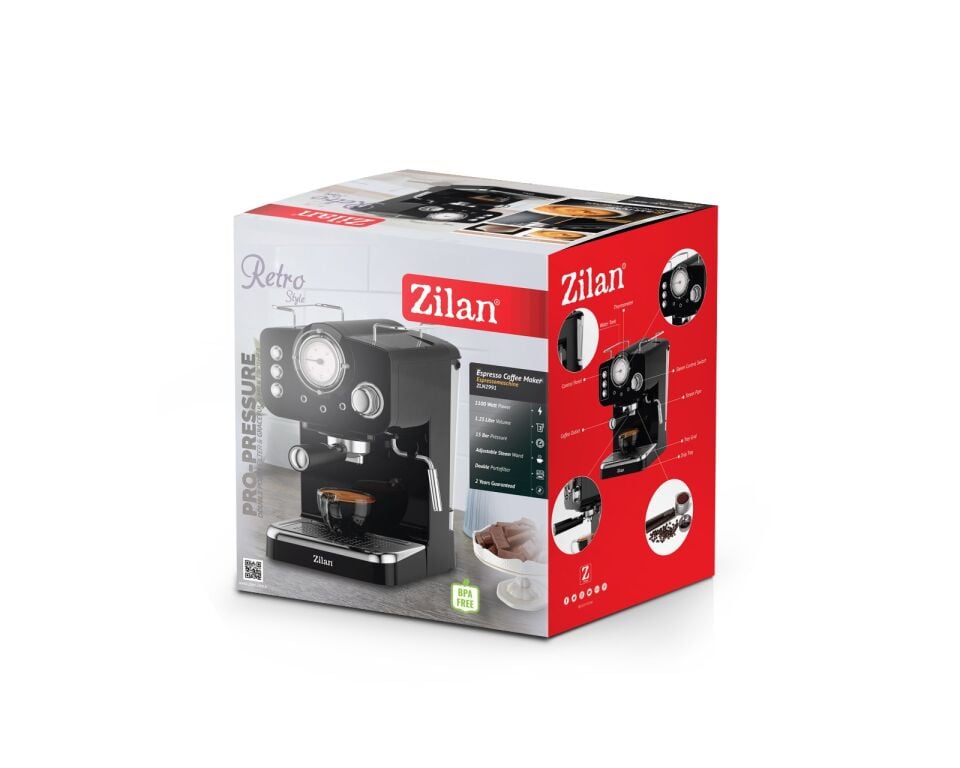 ZLN2991 Retro Espresso Kahve Makinesi (Espresso-Cappiccino-Latte) 15 Bar 1100W | Siyah
