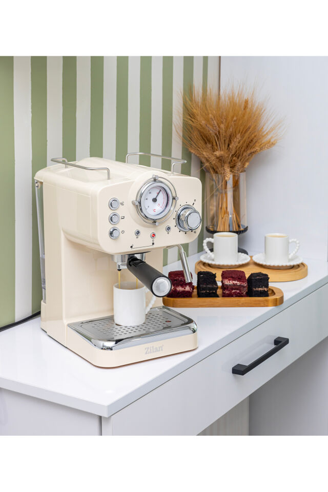 ZLN2992 Espresso Kahve Makinesi Espresso-Cappiccino-Latte | 15 Bar Süt Köpürtücü | 1100W Retro Bej