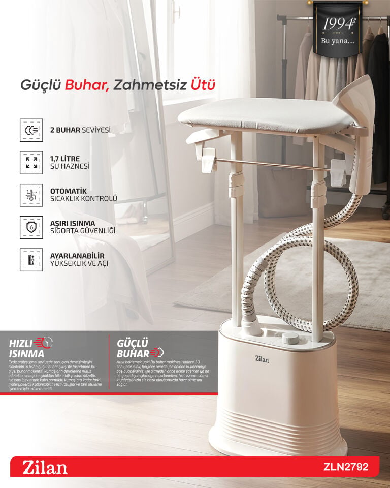 ZLN2792 Ayaklı Kumaş Ve Giysi Buhar Makinesi | Dikey Buharlı Ütü | Kırışık Giderici | 1.7 L. 2000 W