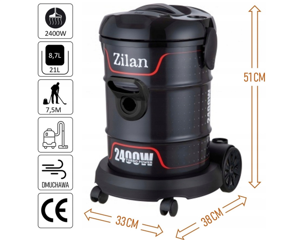 ZİLAN ZLN2006 Profesyonel Elektrikli Torbasız Süpürge | 2400W | 21L | Üfleme Fonksiyonu