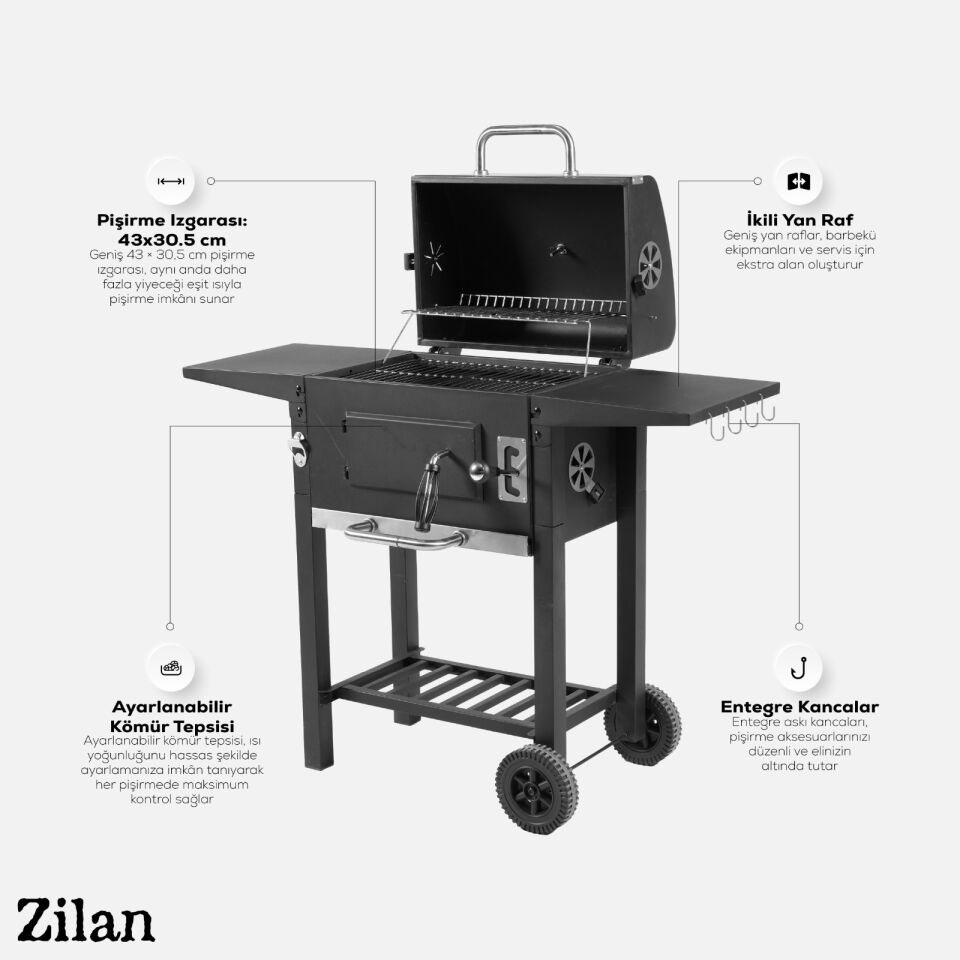 ZLN3584 Kömürlü Mangal & Barbekü Pazlanmaz Çelik, Kademeli Isı, Taşınabilir