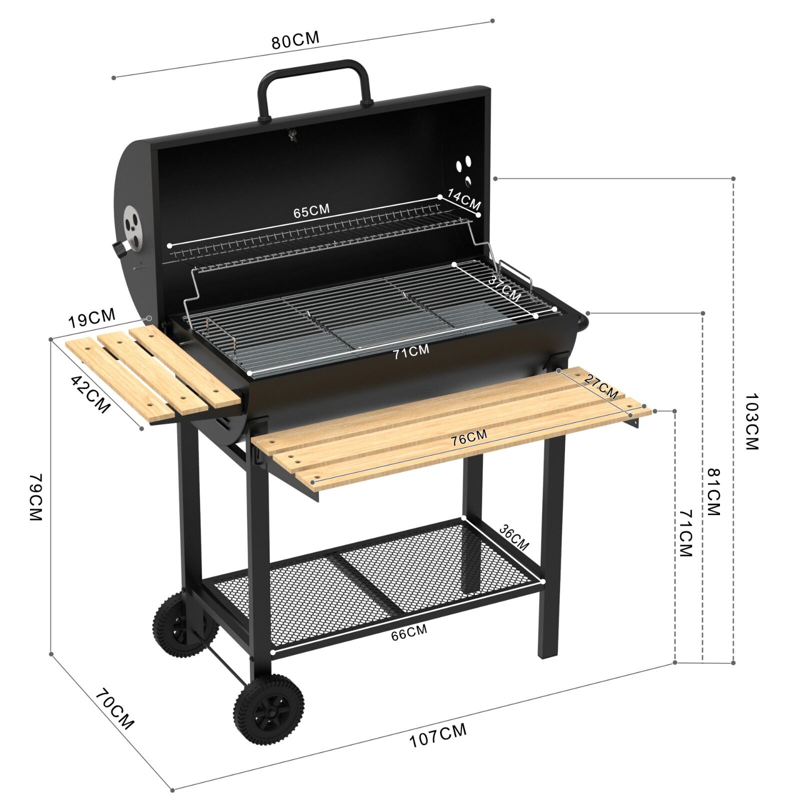 ZLN3594 Kömürlü Mangal & Barbekü | Taşınabilir | Ahşap Raflı
