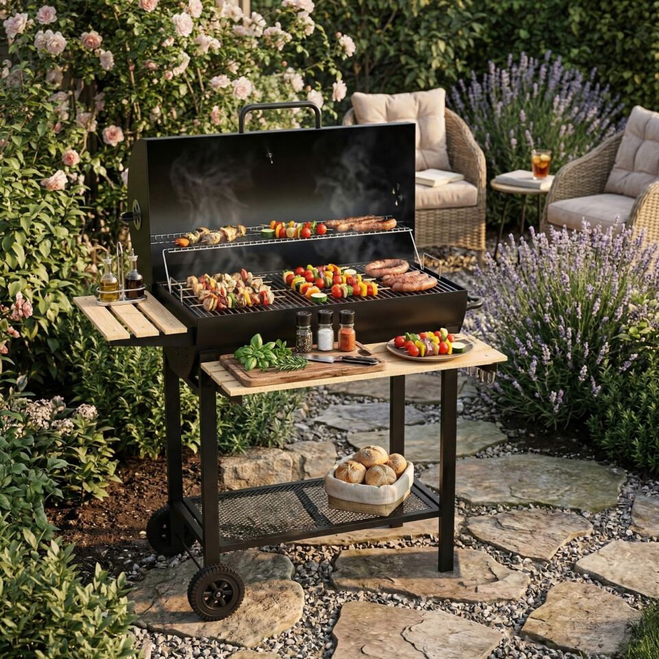 ZLN3594 Kömürlü Mangal & Barbekü | Taşınabilir | Ahşap Raflı