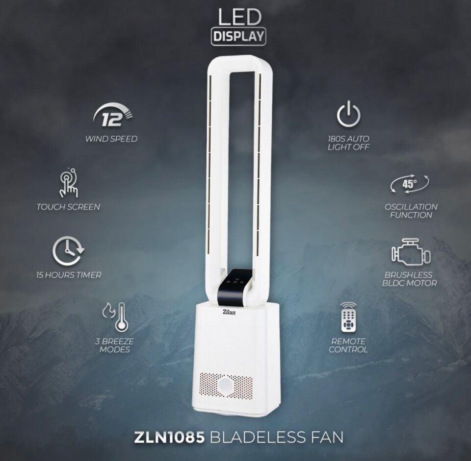 Zilan ZLN1085 Kule Tipi Vantilatör | Uzaktan Kumanda | Geniş Salınım |12 Hız Ayarı Diğital Fan
