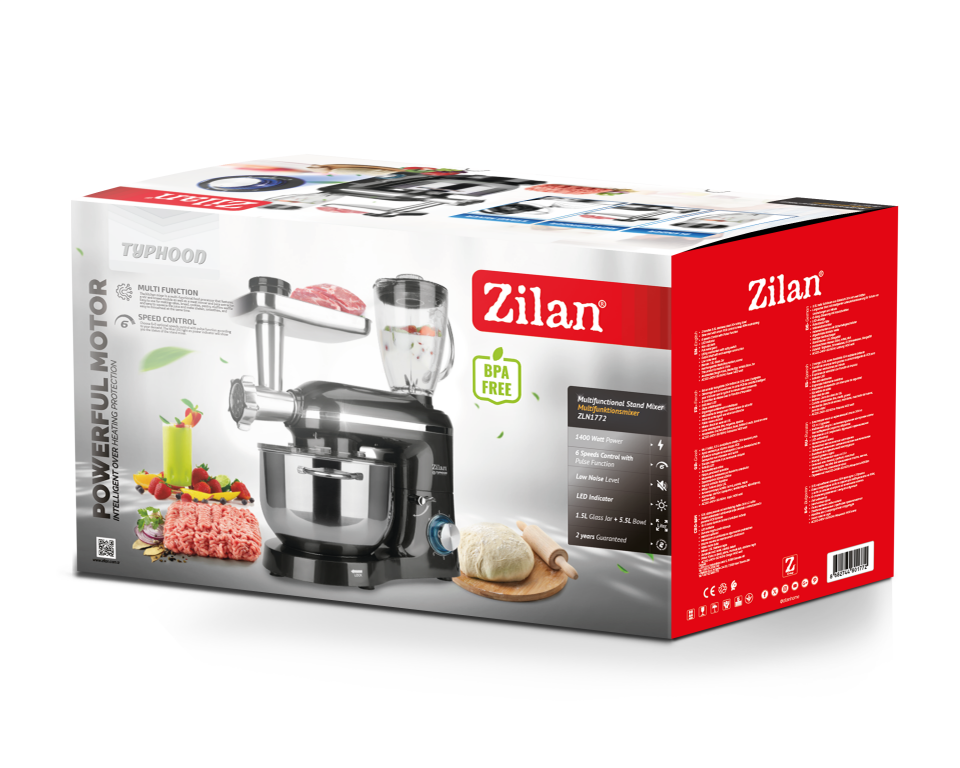 ZLN1772 Pro Şef Çok Fonksiyonlu Stand Mikser (Kıyma Hamur Blender) 5.5L Paslanmaz Çelik Kase | 1400W