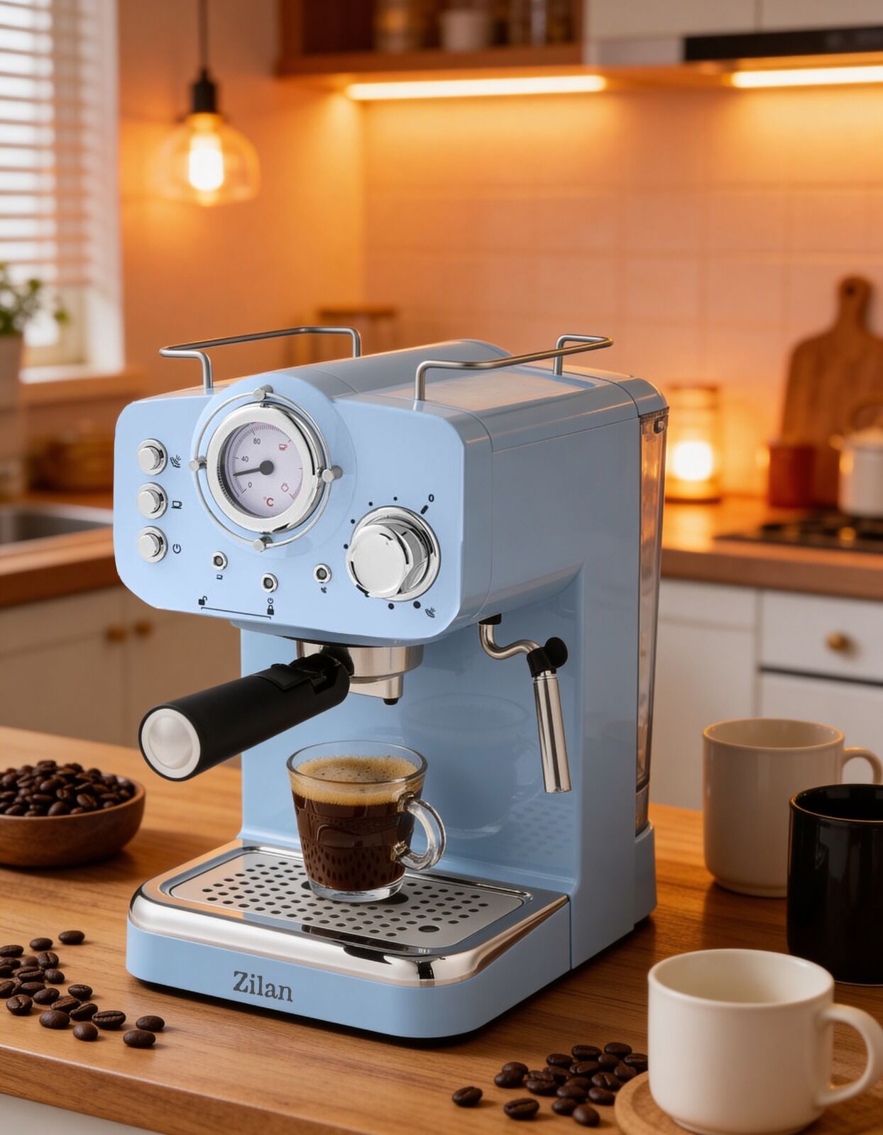 ZLN2861 Espresso Kahve Makinesi Espresso-Cappiccino-Latte | 15 Bar Süt Köpürtücü | 1100W Retro Mavi