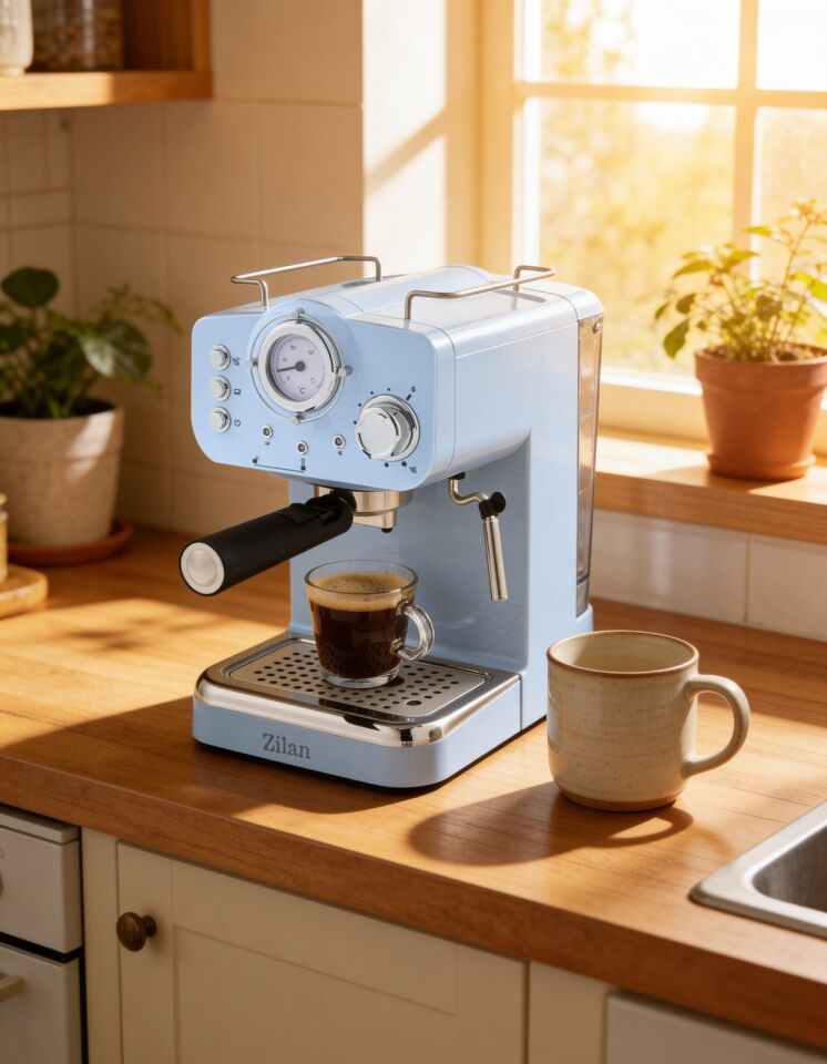ZLN2861 Espresso Kahve Makinesi Espresso-Cappiccino-Latte | 15 Bar Süt Köpürtücü | 1100W Retro Mavi